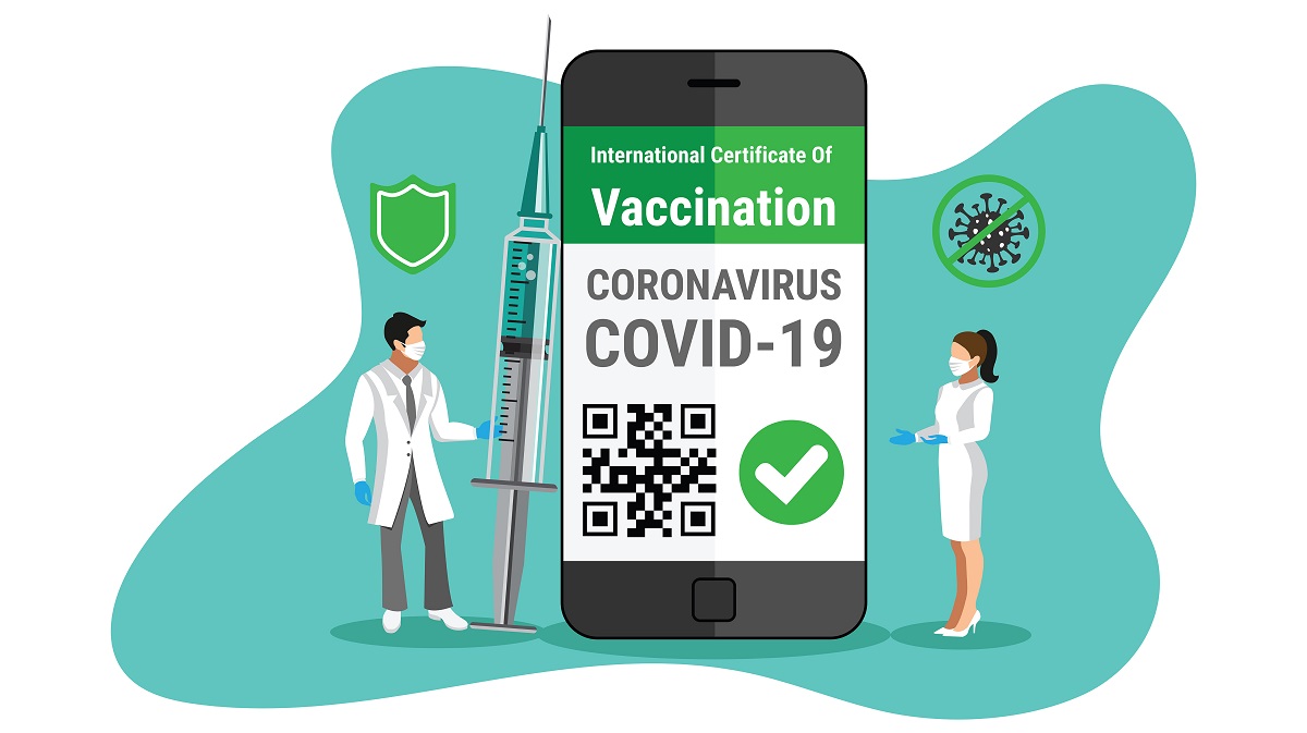 Covid-19 vaccine e-passport on a smartphone with QR code certificate e-passport app for international travel concept. Doctor holding Coronavirus vaccine syringe