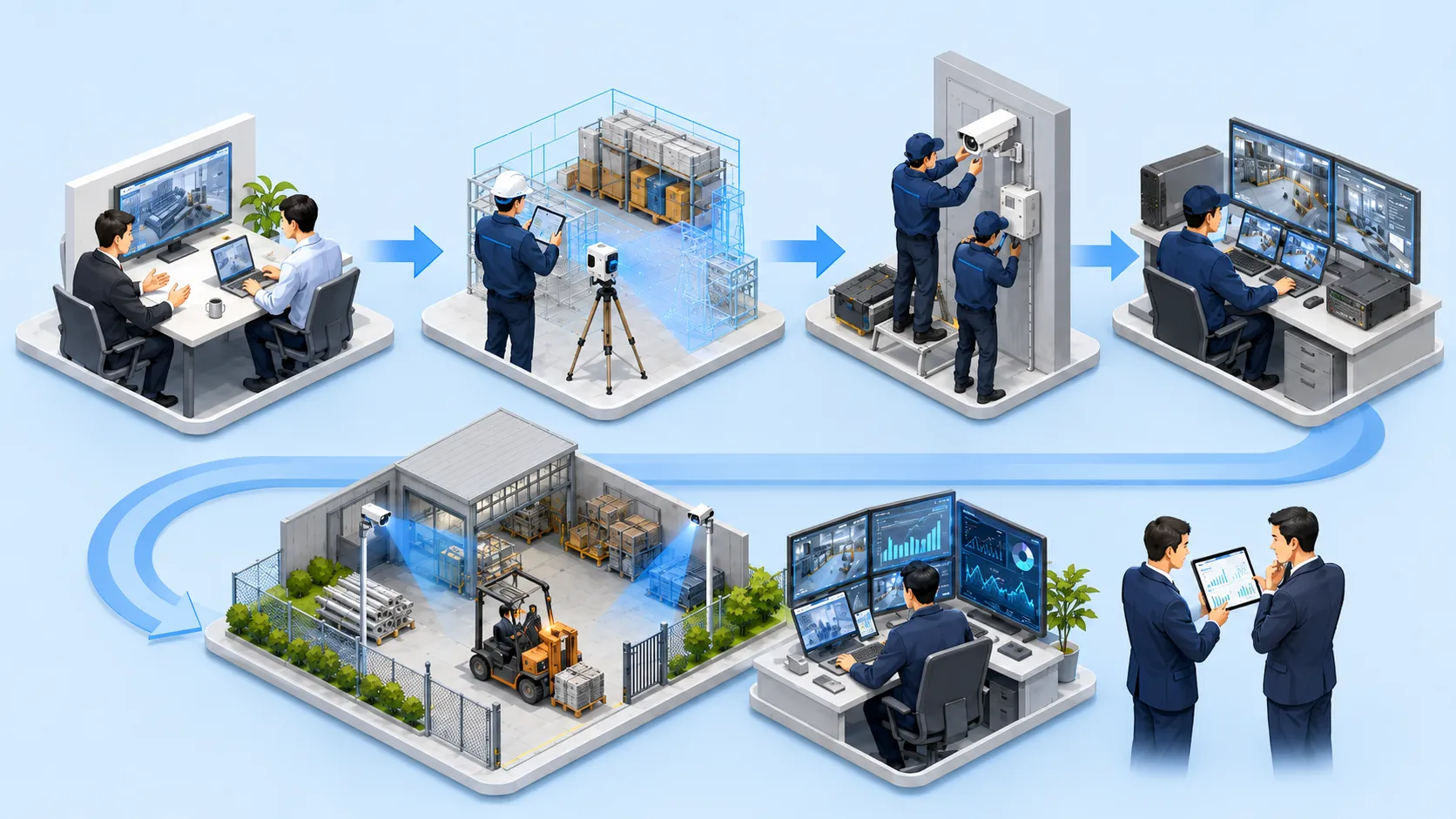 SECURE AI BOXの導入ステップを5段階で示すフロー図のイラスト。左から順に、相談・ヒアリング、現地調査、機器設置・設定、運用開始、定期レビューの各フェーズがアイコンと矢印でつながれ、導入から運用定着までの全体像を一目で把握できるようになっている