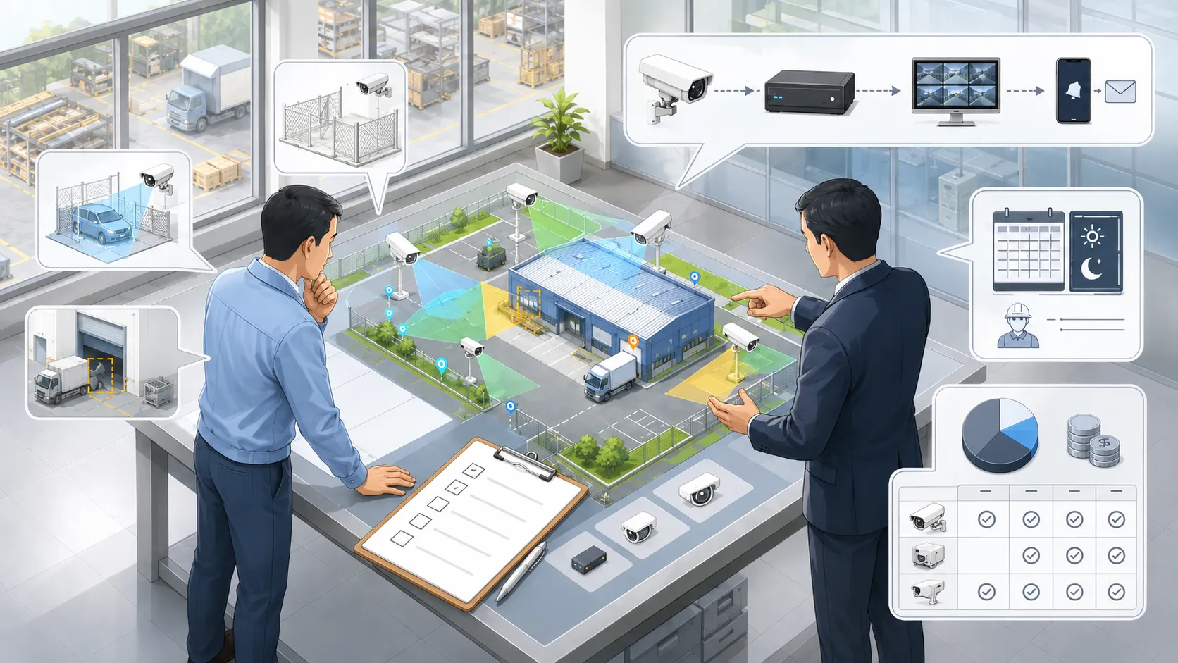 導入計画を立てる2人のビジネスパーソンのイラスト。テーブル上に施設の3D模型とチェックリストを広げ、背景のモニターにはカメラ配置図や監視エリアの設計画面が表示されている。要件定義の打ち合わせの様子を描いている