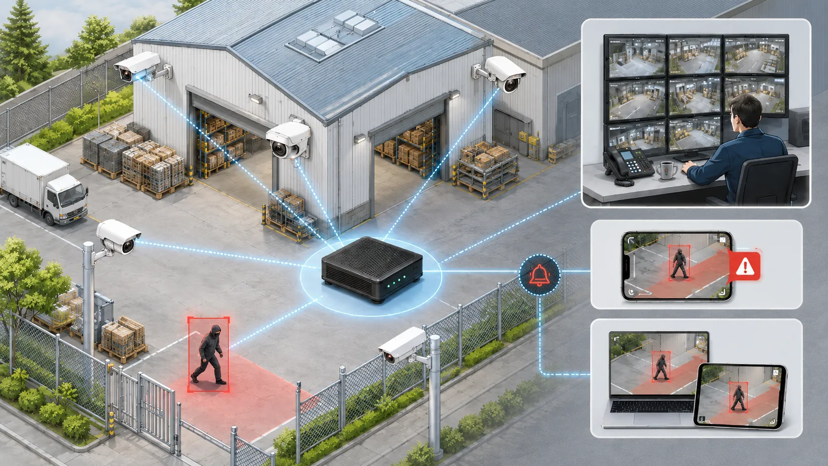 既存の監視カメラとSECURE AI BOXの接続構成を示すイラスト。施設に設置済みの複数のカメラ映像がAI BOX本体に集約され、不審者を検知すると画面上に赤いアラートが表示される。カメラを買い替えずにAI機能を後付けできる仕組みを表現している