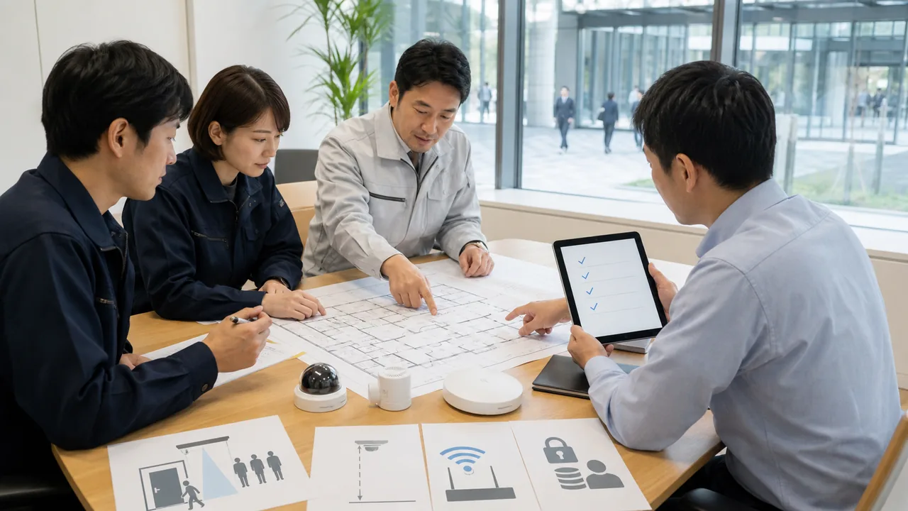 施設の図面を確認しながら混雑可視化システムの導入計画を検討する担当者