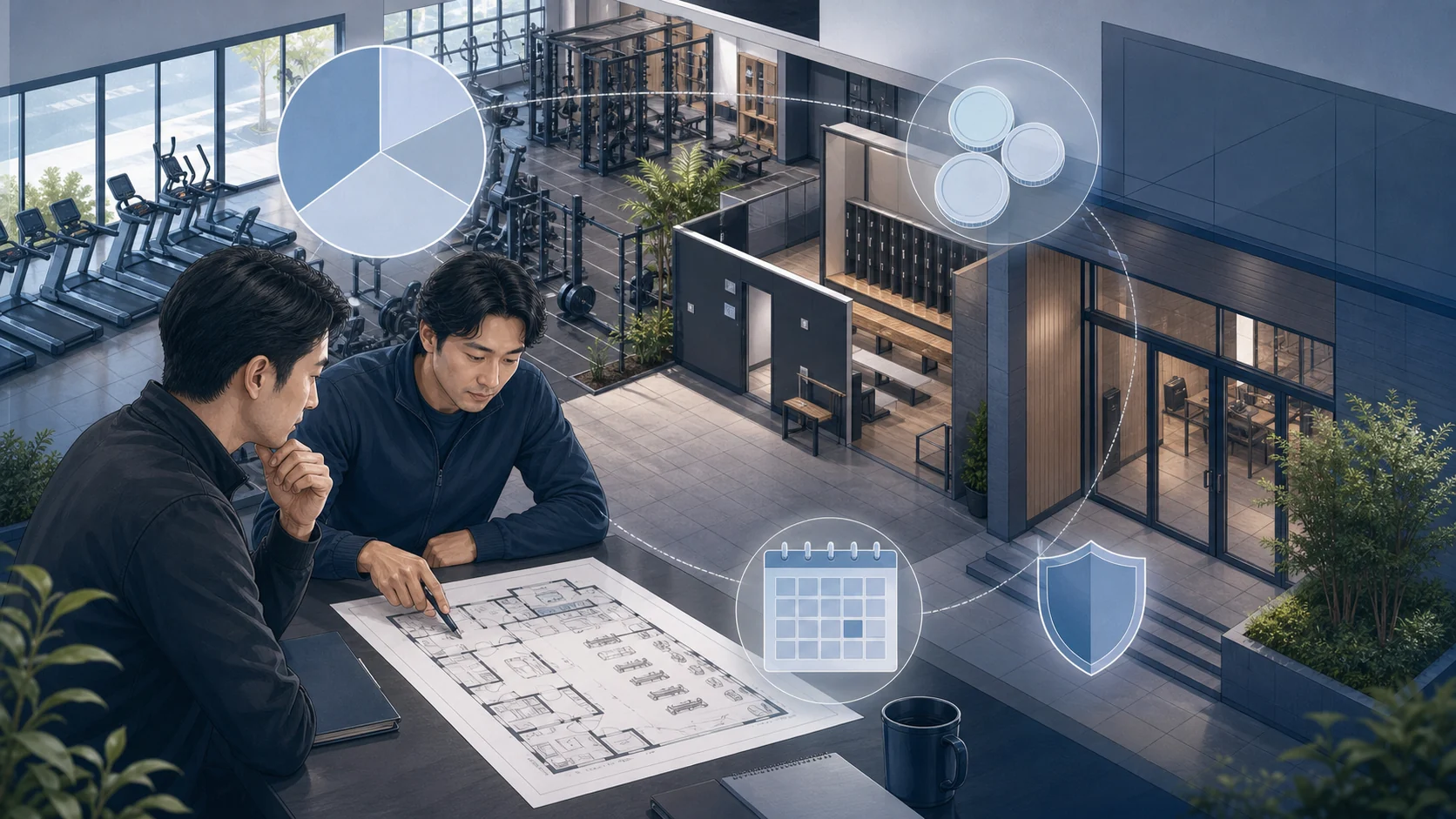 ジムの入退室管理システムにかかる費用を検討するイラスト