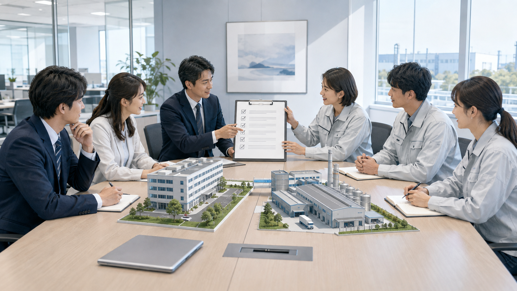 取引先同士で共通のセキュリティ対策を確認する担当者のイラスト