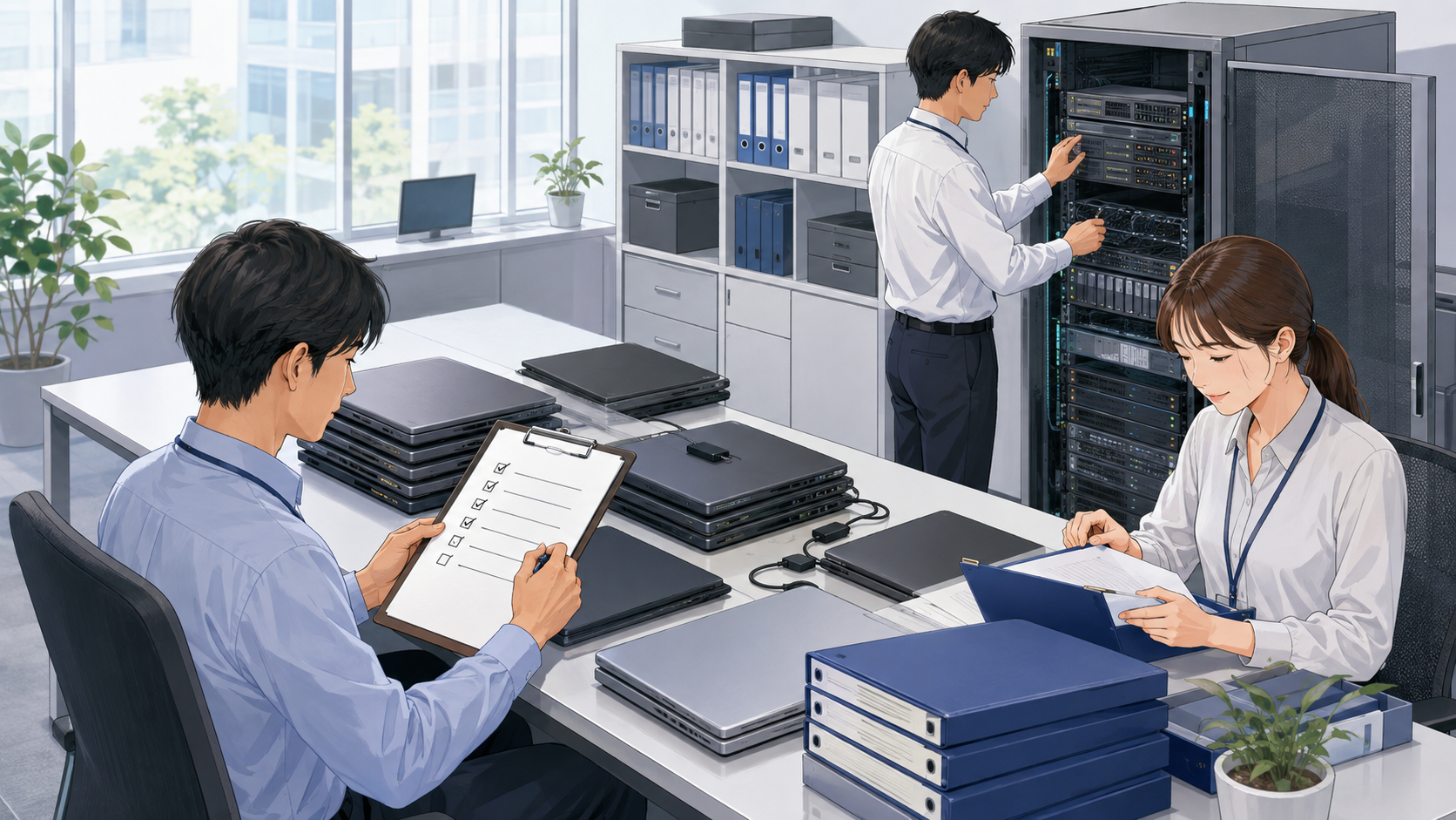 IT資産と管理状況を棚卸しする担当者のイラスト
