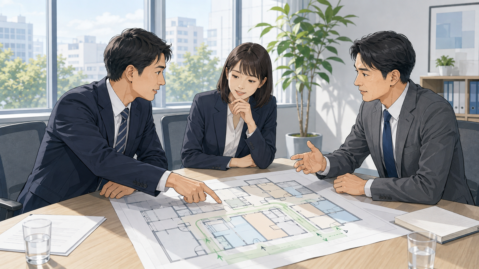 施設の平面図を見ながら入退室管理の導入を相談するイメージ