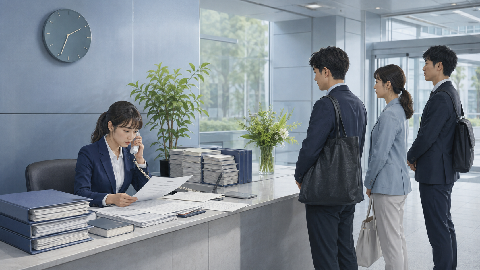 紙の記帳や電話での取次ぎが重なり受付で待ち時間が生じる様子
