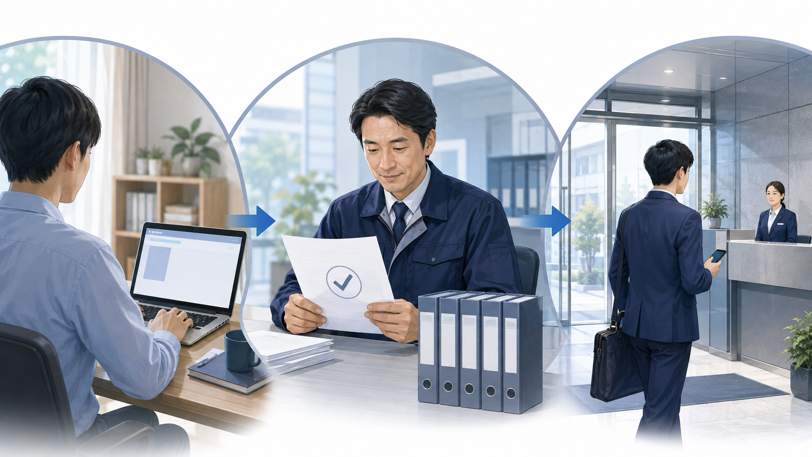 事前申請から施設側の承認、来訪時の受付へつながる機能のイメージ