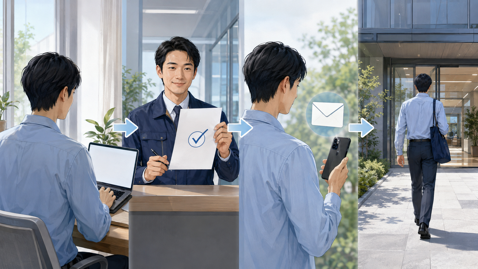 Web申請、承認、案内メールの受信、当日の入館という4段階の流れ
