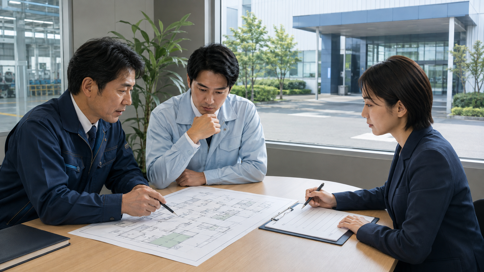 施設担当者と相談担当者が図面を見ながら管理範囲と運用条件を確認する様子