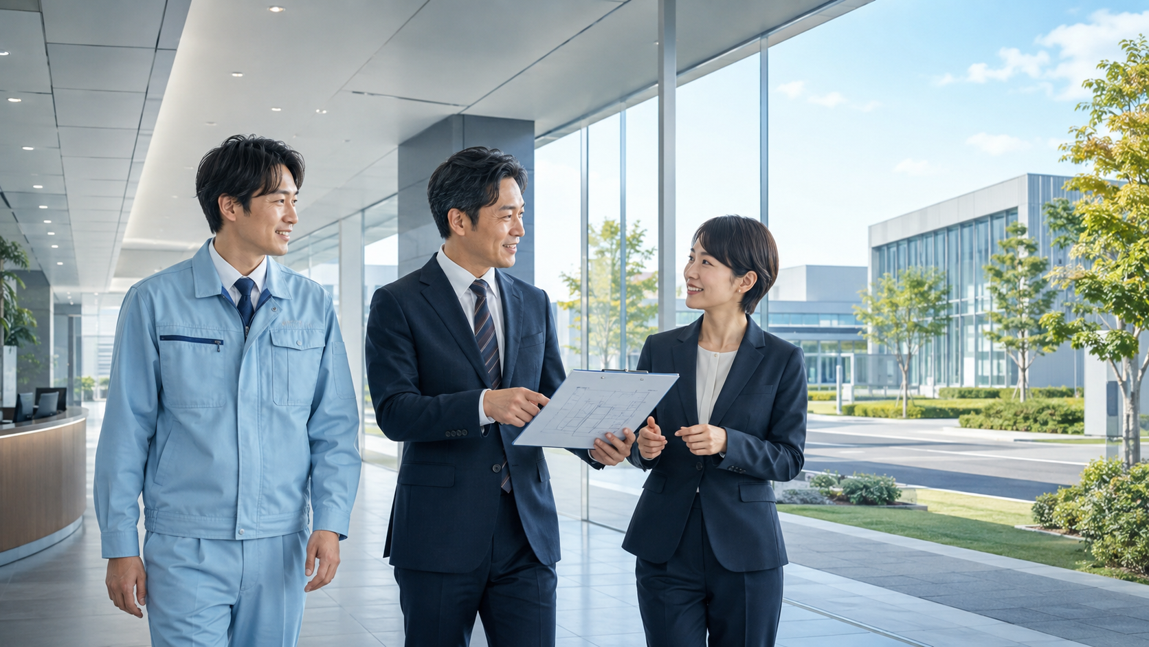 施設担当者と相談担当者が現地を確認しながら入構管理の見直しを検討する様子